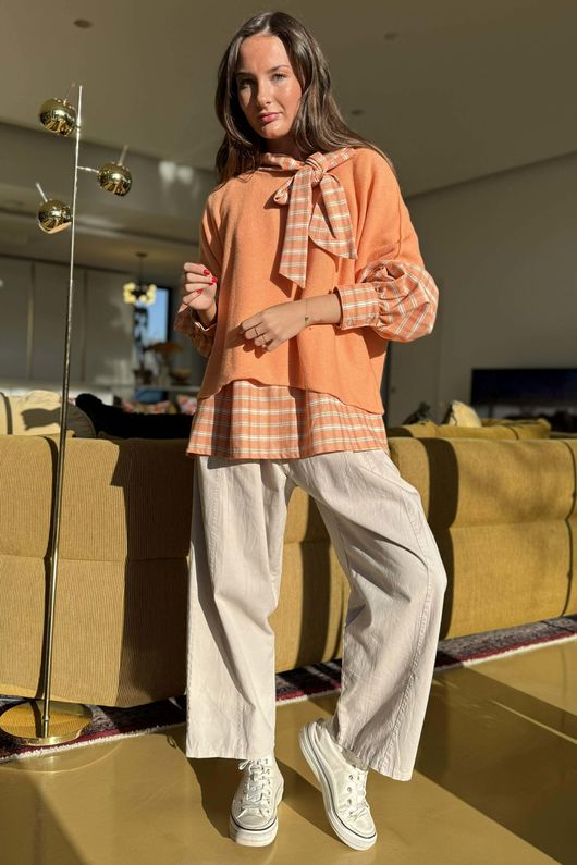 Ophelia Plaid Tie Neck Blouse Soft Aperol /15=